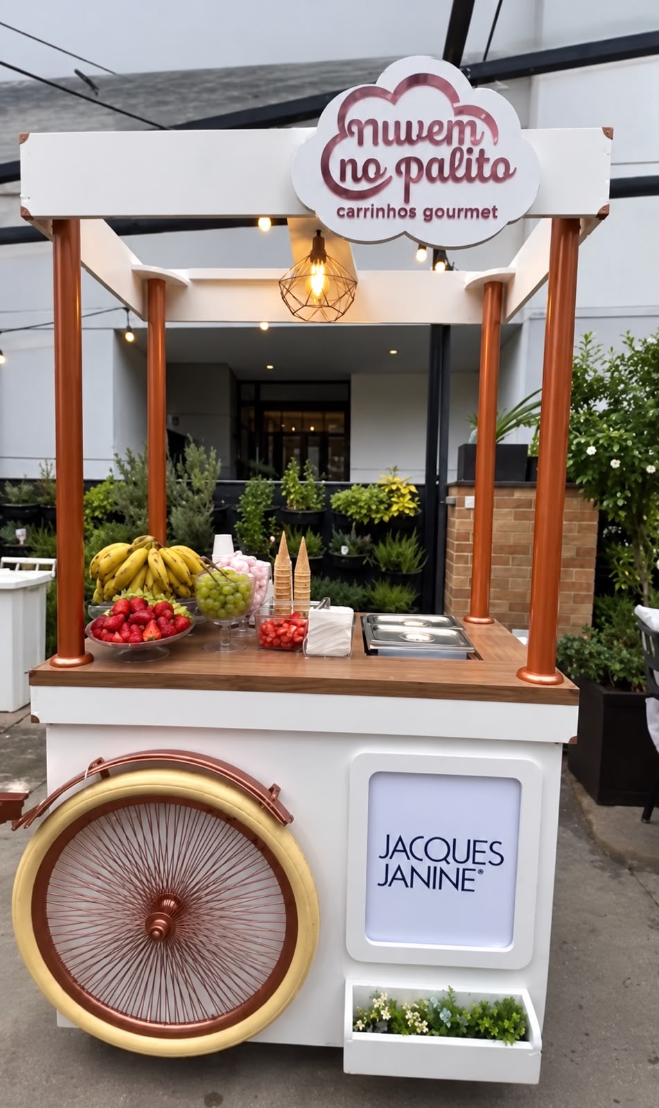Carrinho gourmet personalizado para evento em área externa