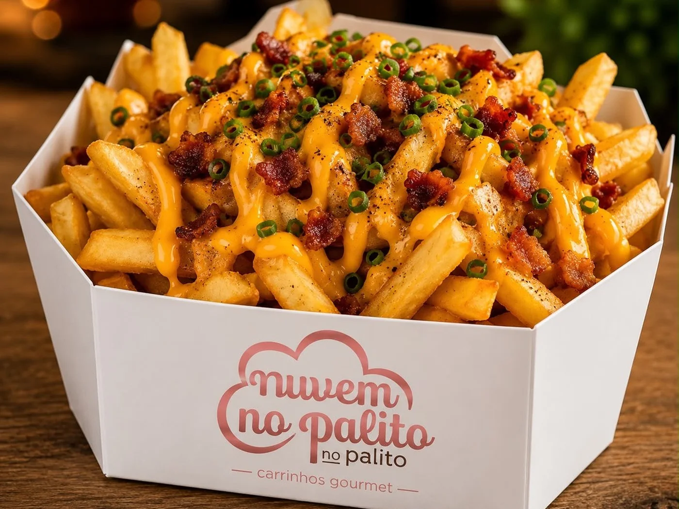 Embalagem Nuvem no Palito cheia de batata frita coberta com cheddar e bacon crocante