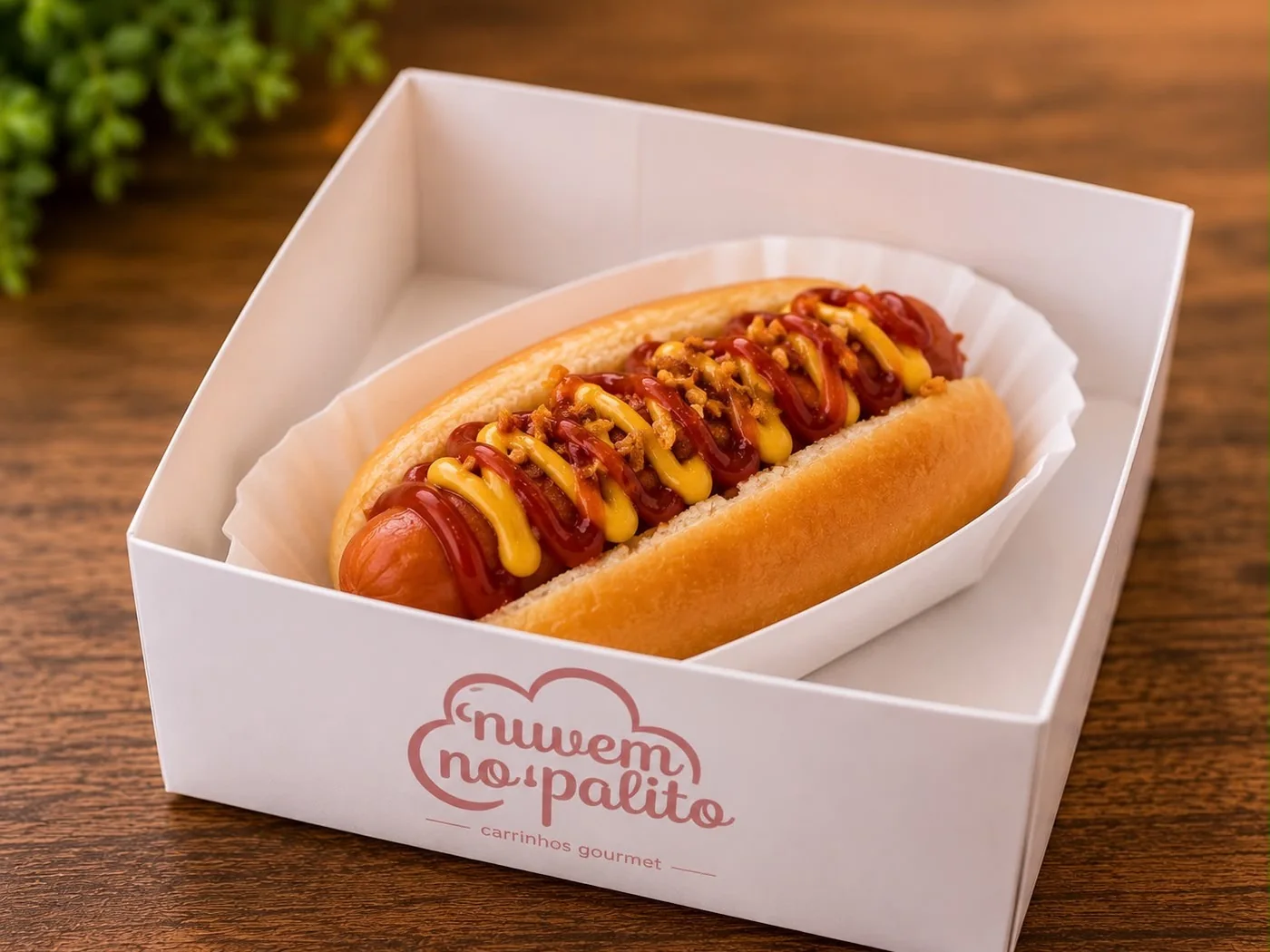 Mini hot dog com mostarda e acompanhamentos em embalagem da Nuvem no Palito
